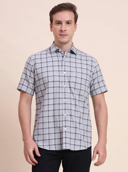 Light Blue Checked Tailored Fit Semi Casual Shirt | JadeBlue
