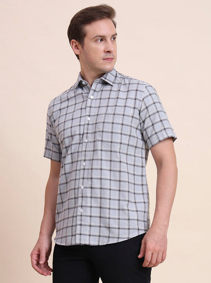 Light Blue Checked Tailored Fit Semi Casual Shirt | JadeBlue