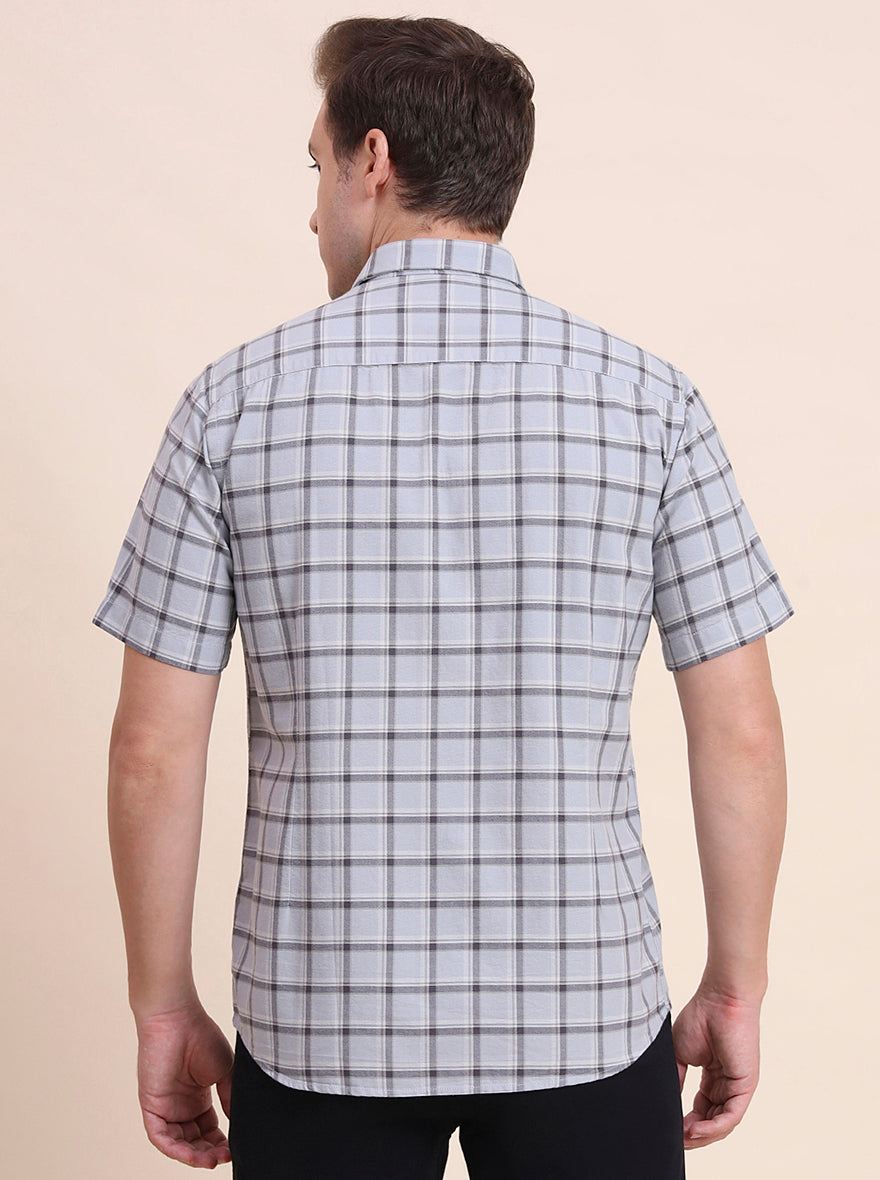 Light Blue Checked Tailored Fit Semi Casual Shirt | JadeBlue