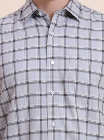Light Blue Checked Tailored Fit Semi Casual Shirt | JadeBlue