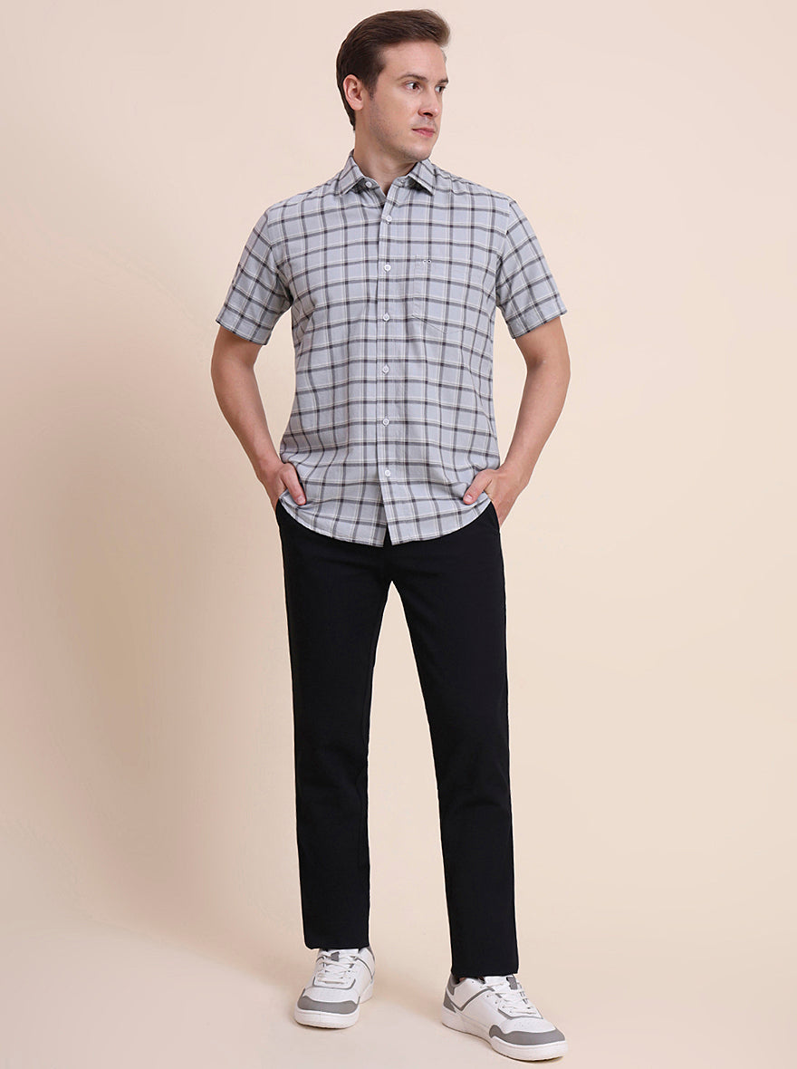 Light Blue Checked Tailored Fit Semi Casual Shirt | JadeBlue