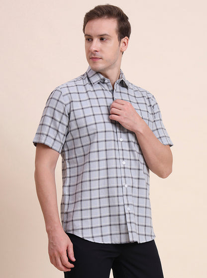 Light Blue Checked Tailored Fit Semi Casual Shirt | JadeBlue