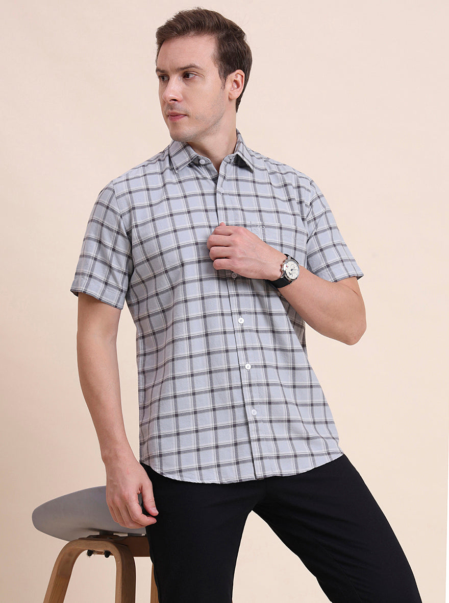 Light Blue Checked Tailored Fit Semi Casual Shirt | JadeBlue