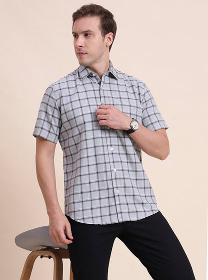 Light Blue Checked Tailored Fit Semi Casual Shirt | JadeBlue