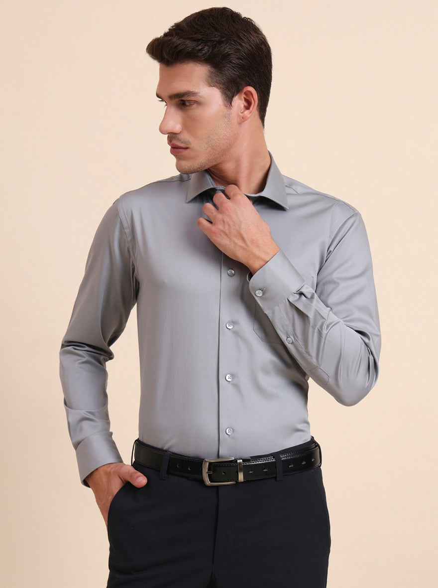 Light Grey Solid Slim Fit Formal Shirt | Metal