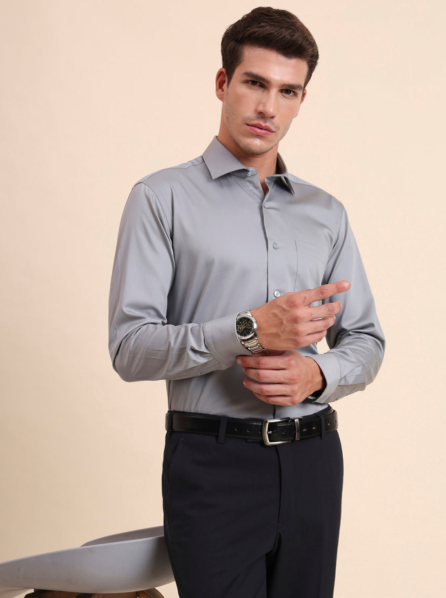 Light Grey Solid Slim Fit Formal Shirt | Metal