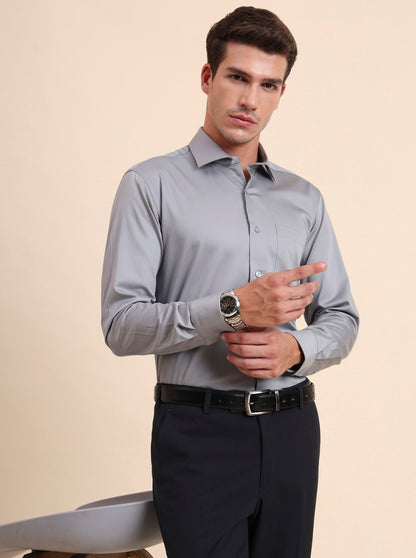 Light Grey Solid Slim Fit Formal Shirt | Metal