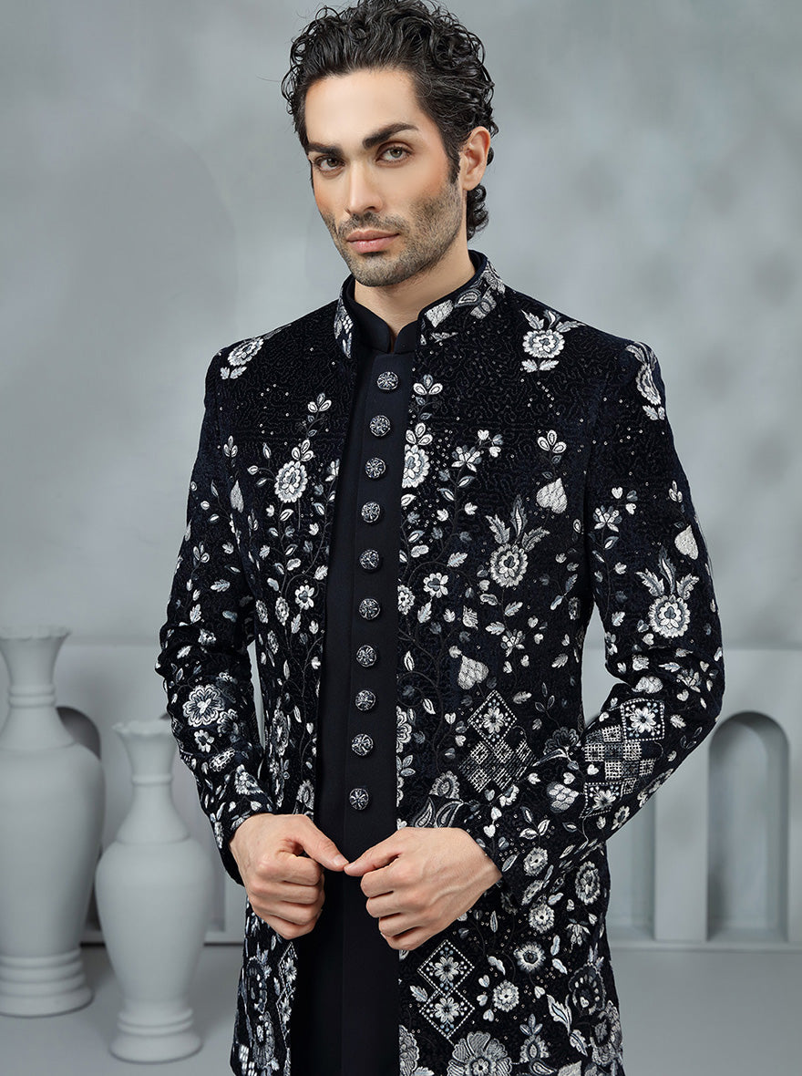 Blue Embroidered Indowestern | Virasana