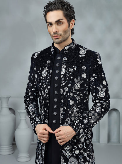 Blue Embroidered Indowestern | Virasana