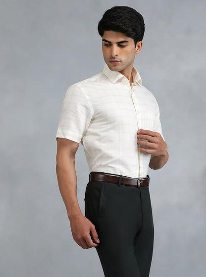 Light Yellow Checked Regular Fit Formal Shirt | Greenfibre