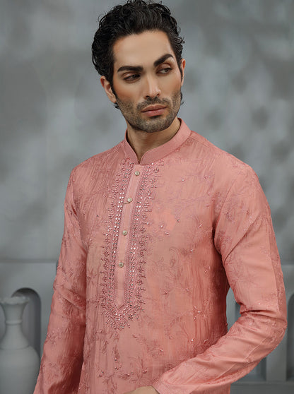 Peach Embroidered Kurta Pajama | TULA