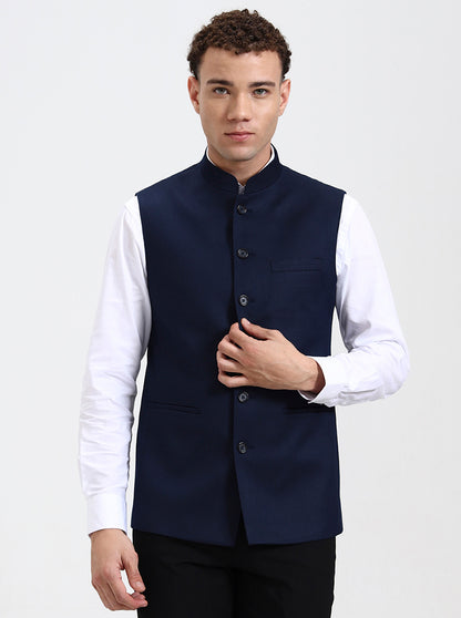 Navy Blue Solid Regular Fit Modi Jacket | JadeBlue