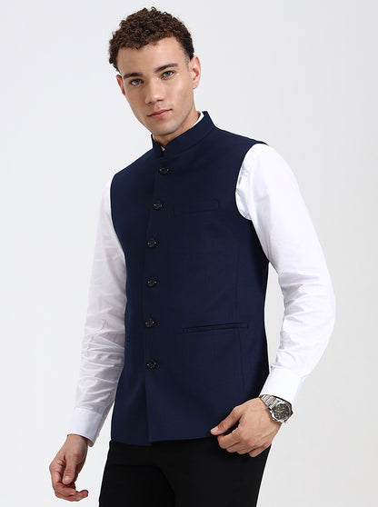 Navy Blue Solid Regular Fit Modi Jacket | JadeBlue