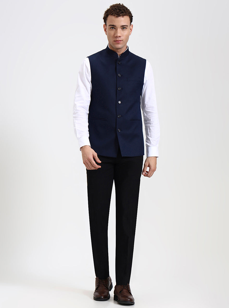 Navy Blue Solid Regular Fit Modi Jacket | JadeBlue