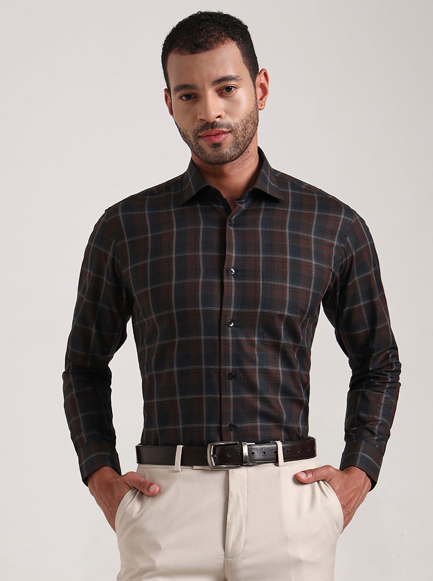 Brown & Green Checked Slim Fit Formal Shirt | Metal