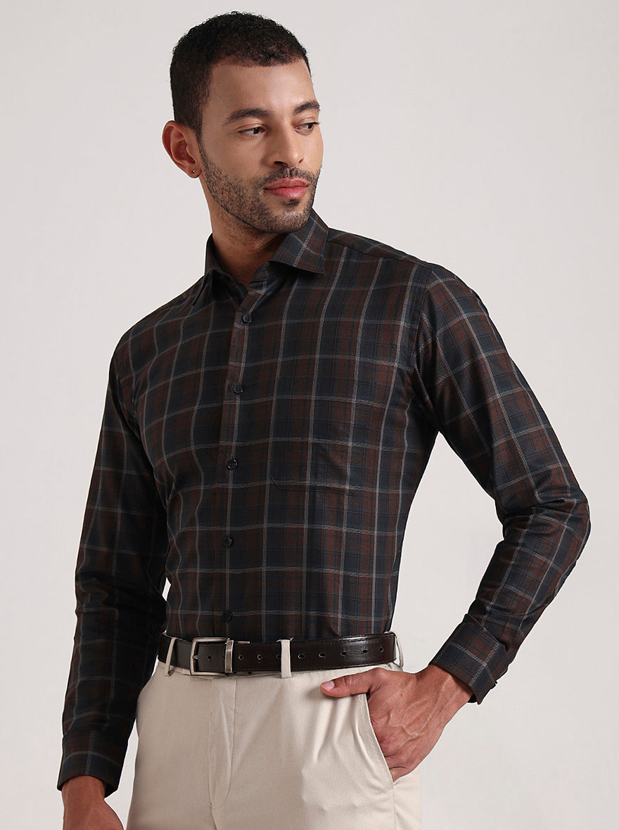 Brown & Green Checked Slim Fit Formal Shirt | Metal