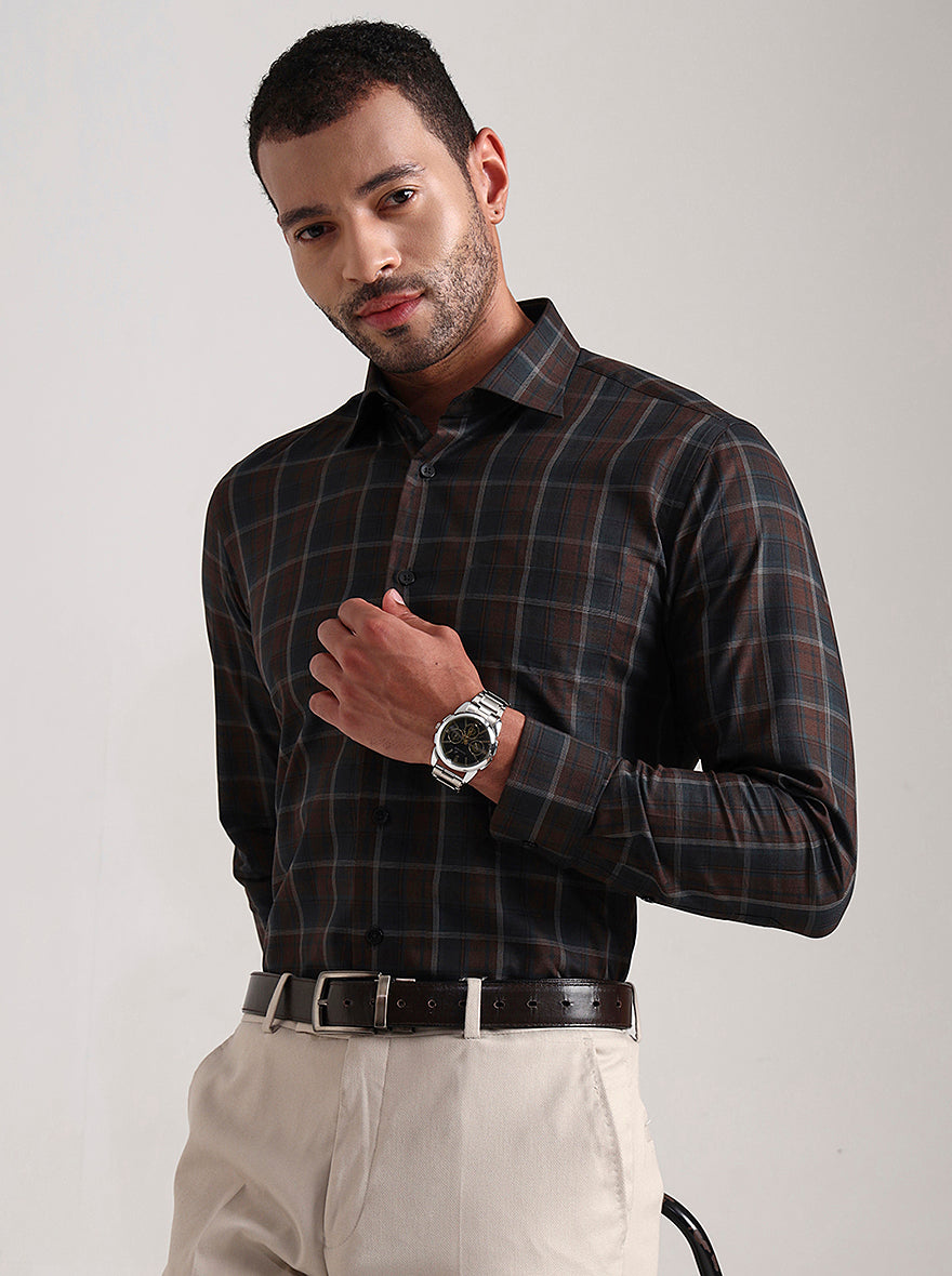 Brown & Green Checked Slim Fit Formal Shirt | Metal