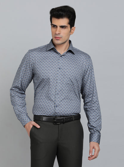 Blue Printed Regular Fit Formal Shirt | JadeBlue