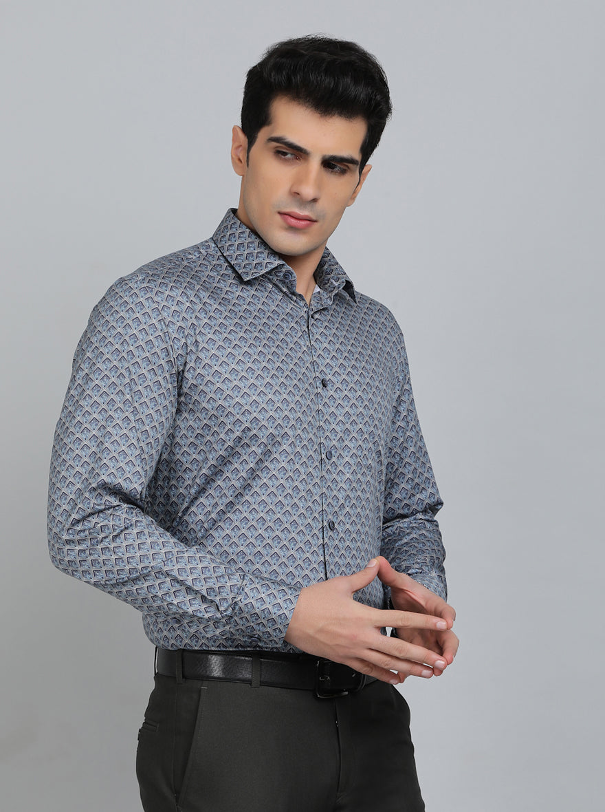 Blue Printed Regular Fit Formal Shirt | JadeBlue