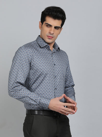 Blue Printed Regular Fit Formal Shirt | JadeBlue
