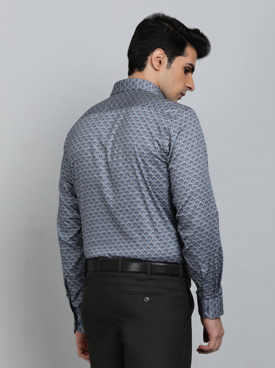 Blue Printed Regular Fit Formal Shirt | JadeBlue