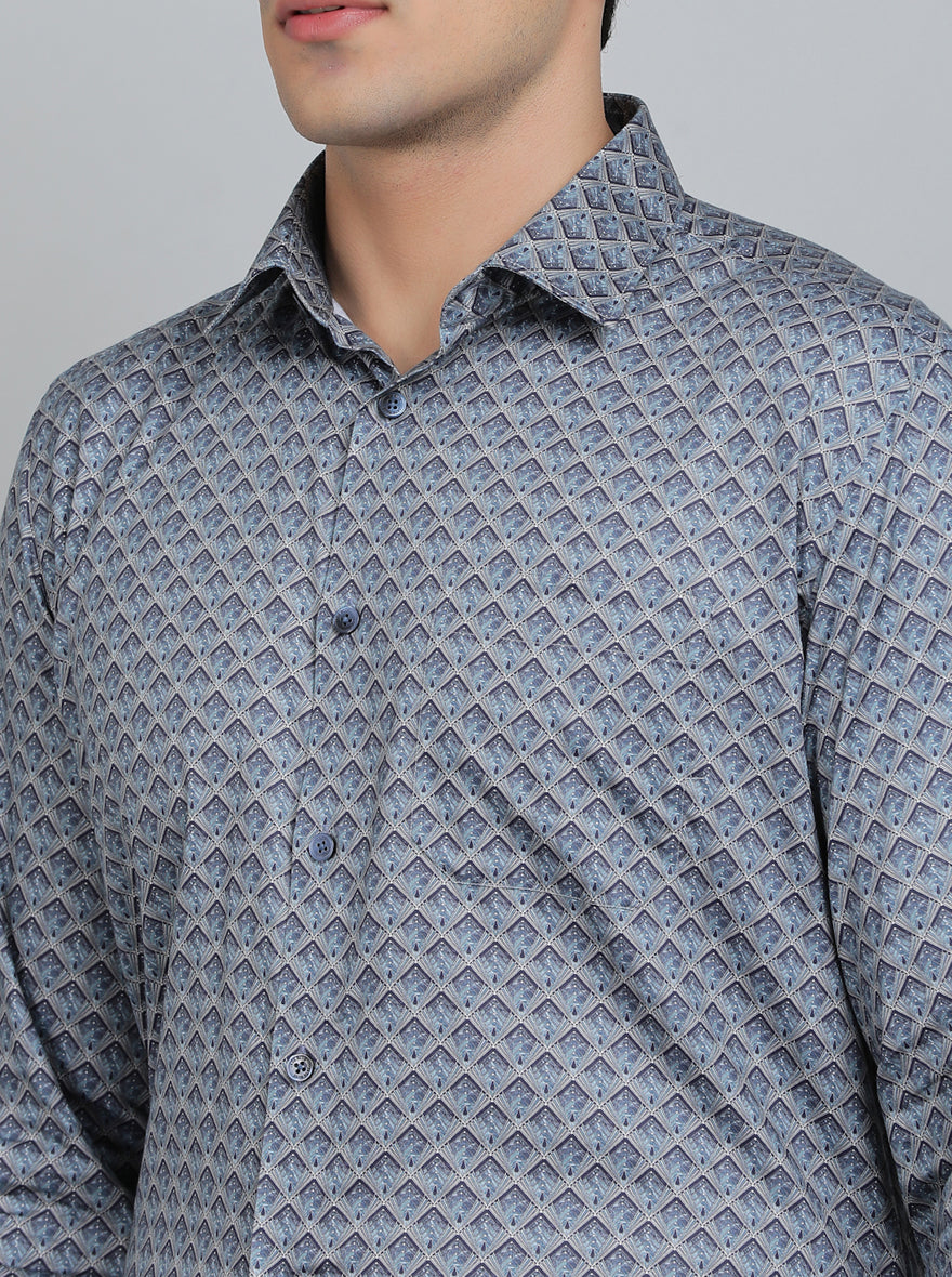 Blue Printed Regular Fit Formal Shirt | JadeBlue