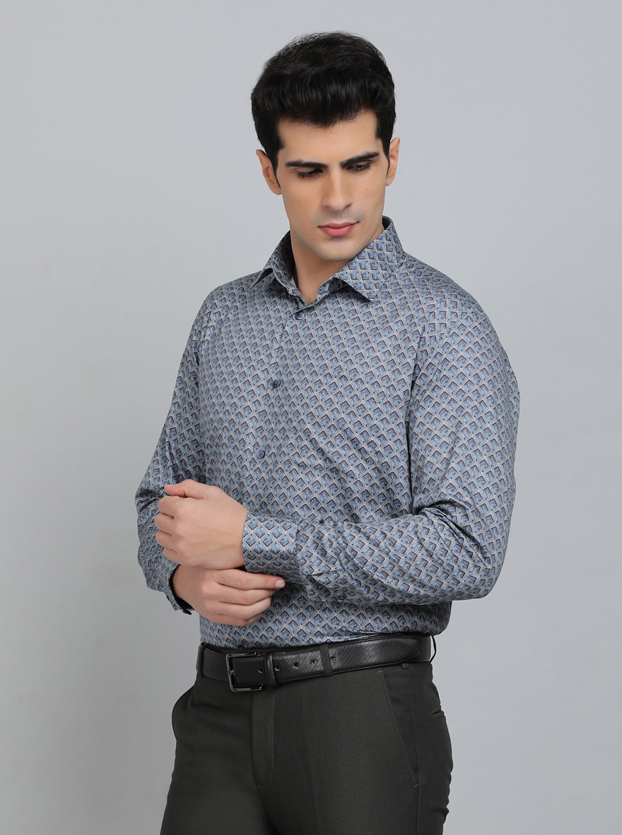Blue Printed Regular Fit Formal Shirt | JadeBlue