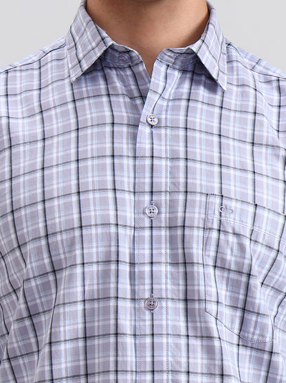 Light Grey Checked Tailored Fit Semi Casual Shirt | JadeBlue