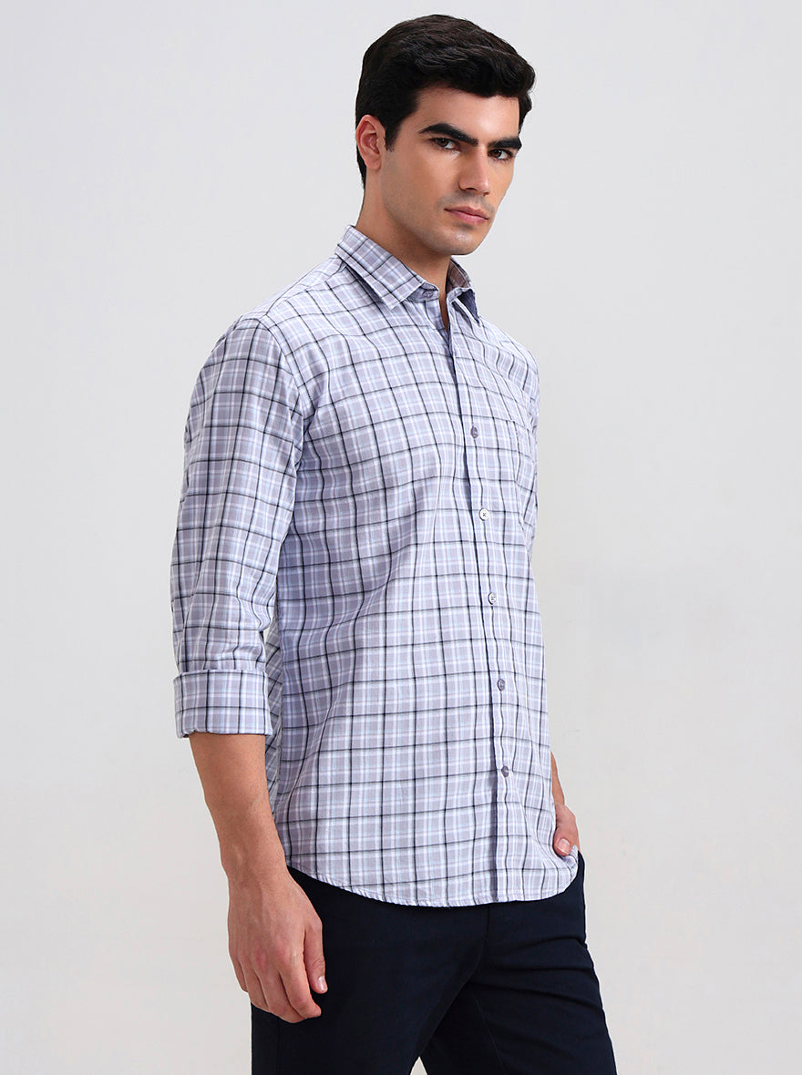 Light Grey Checked Tailored Fit Semi Casual Shirt | JadeBlue