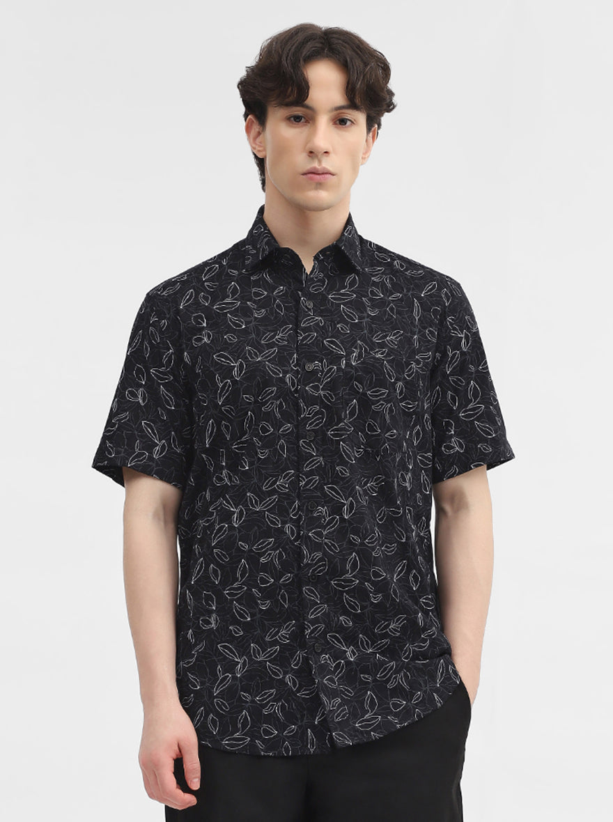 Black Printed Slim Fit Semi Casual Shirt | JadeBlue