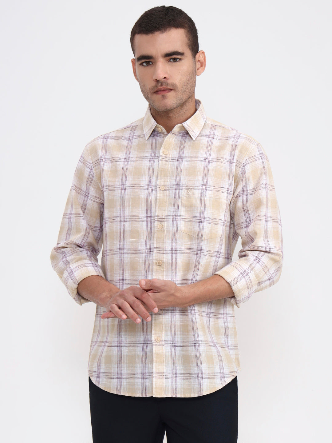 Khaki Checked Slim Fit Casual Shirt | Greenfibre