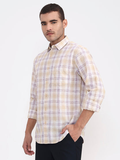 Khaki Checked Slim Fit Casual Shirt | Greenfibre