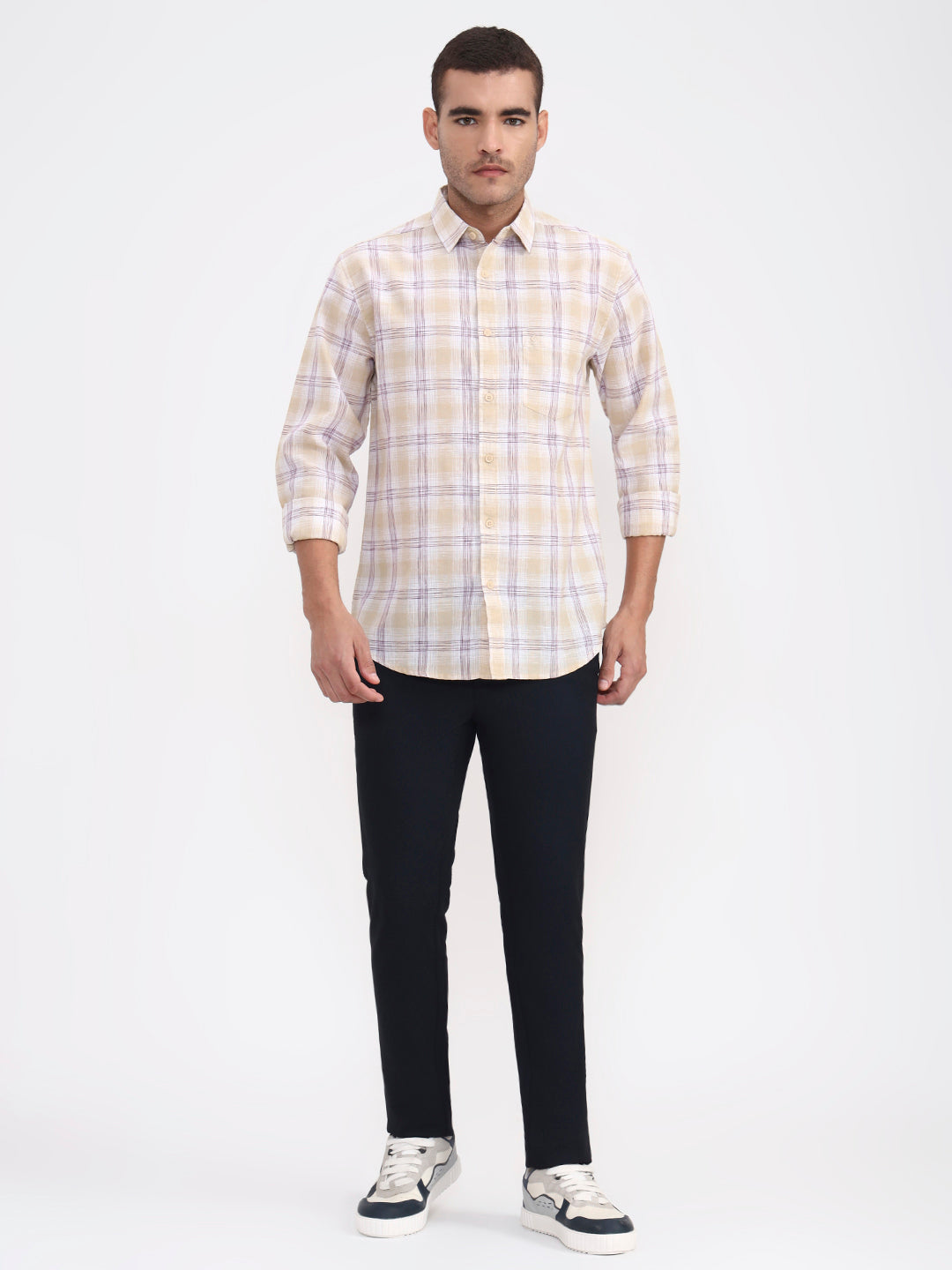 Khaki Checked Slim Fit Casual Shirt | Greenfibre