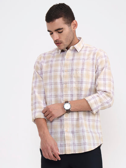 Khaki Checked Slim Fit Casual Shirt | Greenfibre