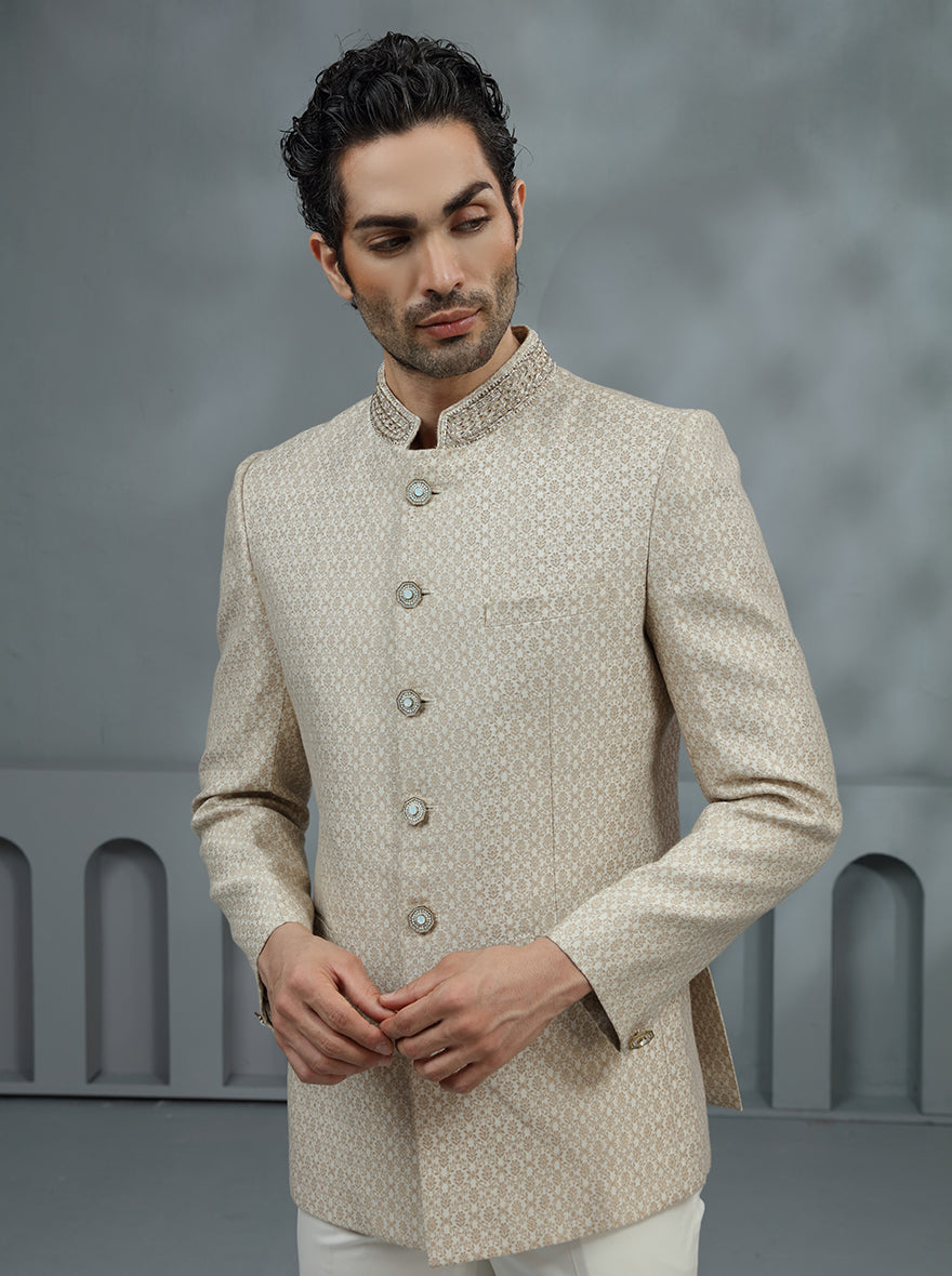 Cream & Golden Self Design Jodhpuri Suit | JadeBlue