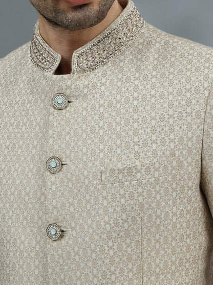 Cream & Golden Self Design Jodhpuri Suit | JadeBlue