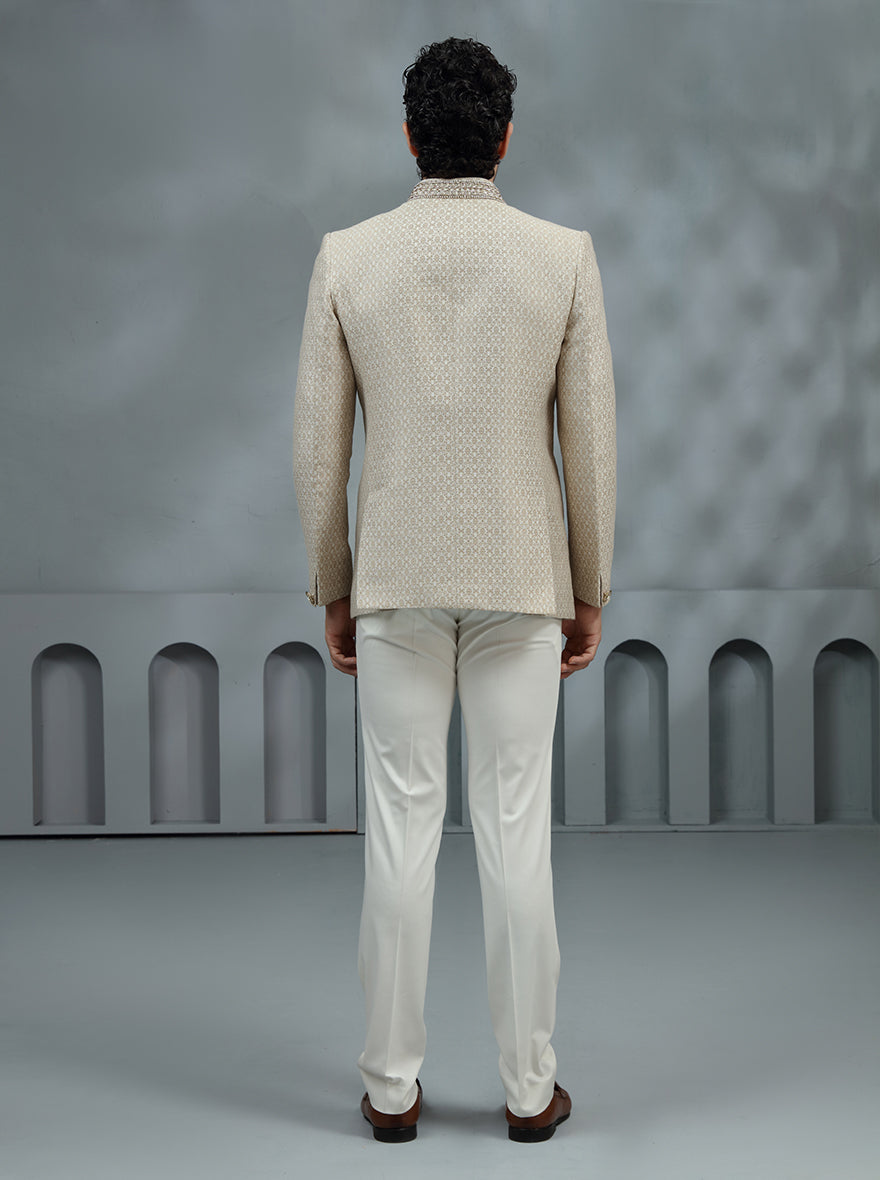 Cream & Golden Self Design Jodhpuri Suit | JadeBlue