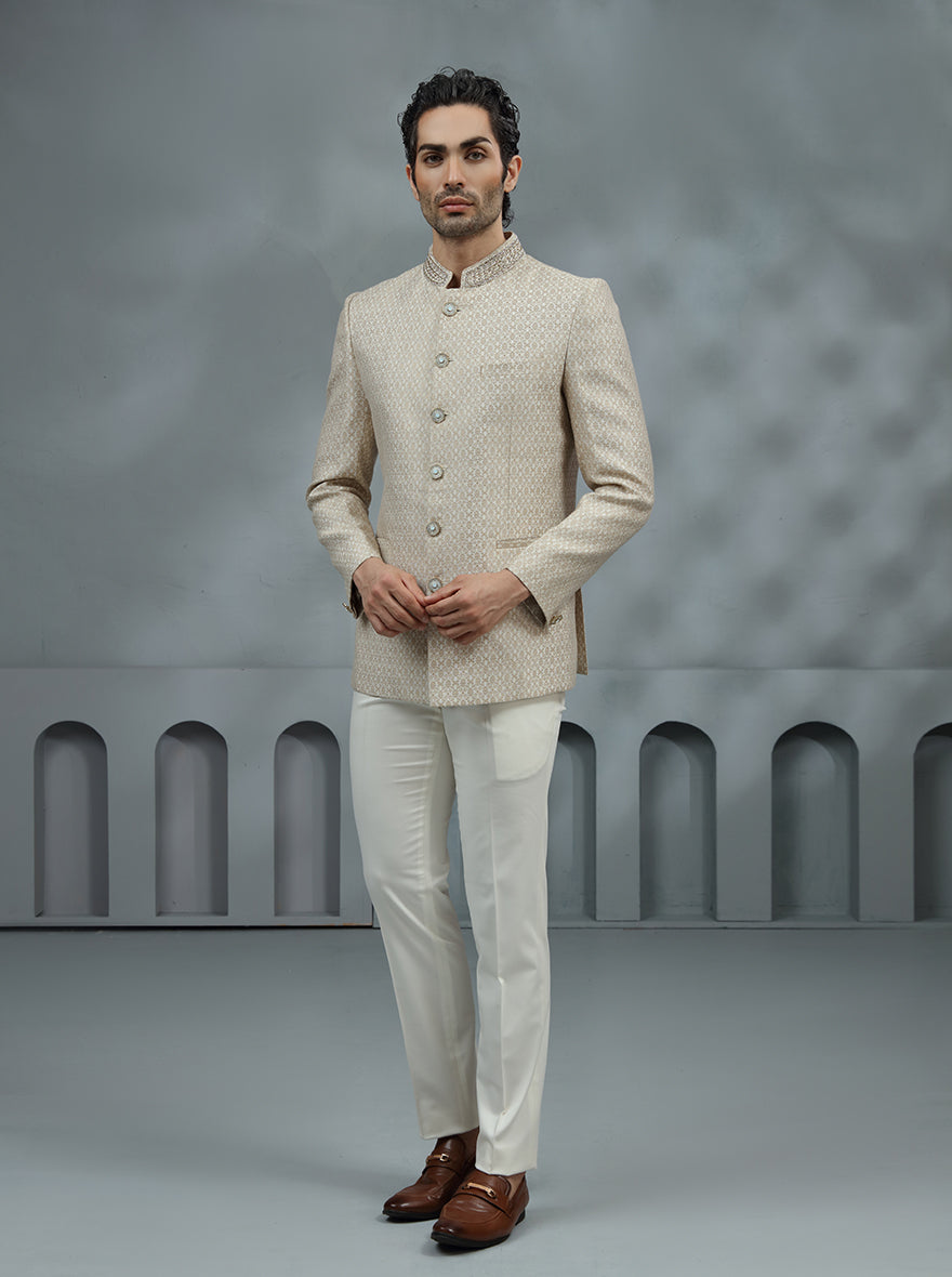 Cream & Golden Self Design Jodhpuri Suit | JadeBlue