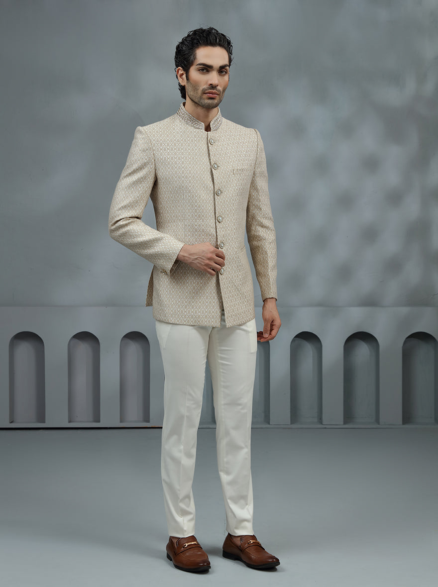 Cream & Golden Self Design Jodhpuri Suit | JadeBlue