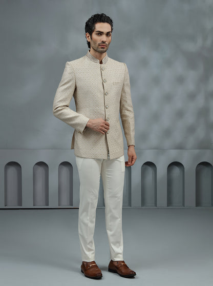 Cream & Golden Self Design Jodhpuri Suit | JadeBlue