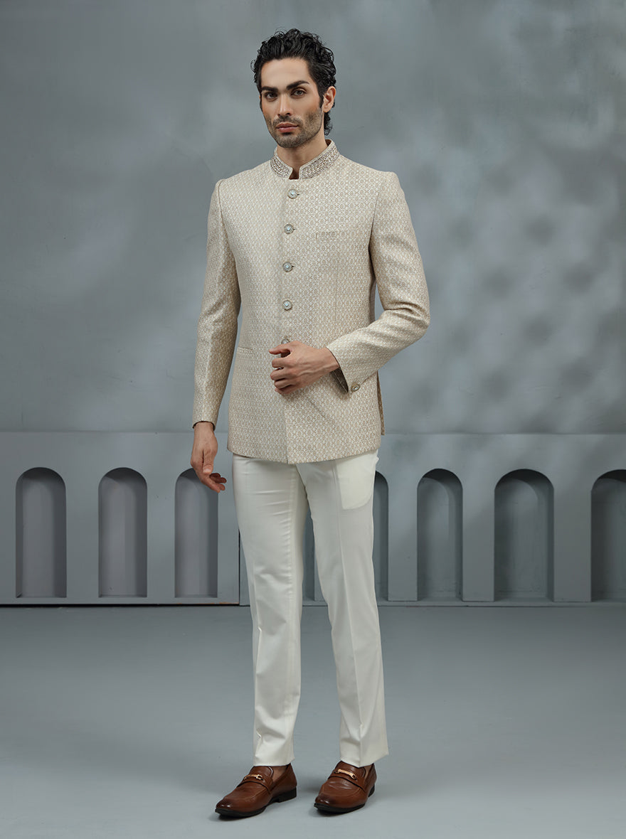 Cream & Golden Self Design Jodhpuri Suit | JadeBlue