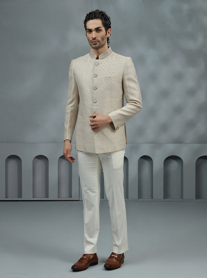 Cream & Golden Self Design Jodhpuri Suit | JadeBlue