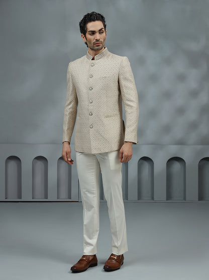 Cream & Golden Self Design Jodhpuri Suit | JadeBlue