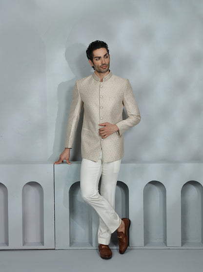 Cream & Golden Self Design Jodhpuri Suit | JadeBlue