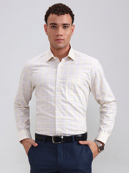 Yellow & White Checked Regular Fit Formal Shirt | JadeBlue