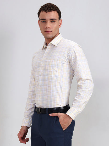 Yellow & White Checked Regular Fit Formal Shirt | JadeBlue