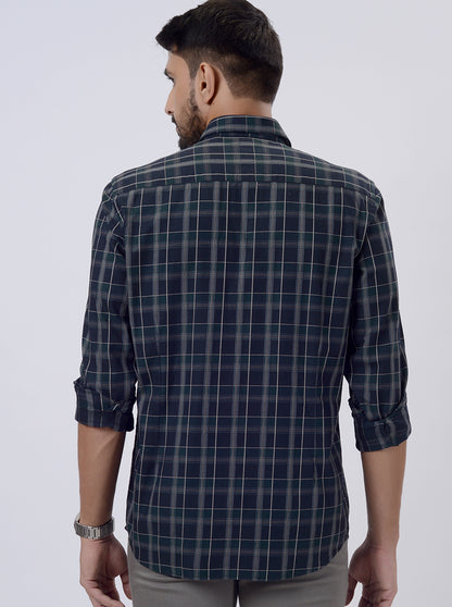 Blue Checked Tailored Fit Semi Casual Shirt | JadeBlue