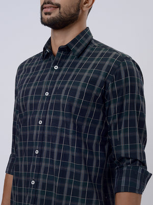 Blue Checked Tailored Fit Semi Casual Shirt | JadeBlue