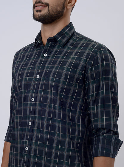 Blue Checked Tailored Fit Semi Casual Shirt | JadeBlue