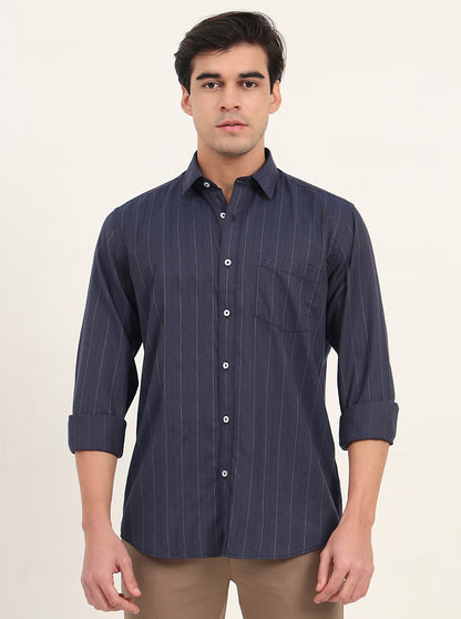 Navy Blue Striped Slim Fit Semi Casual Shirt | Greenfibre